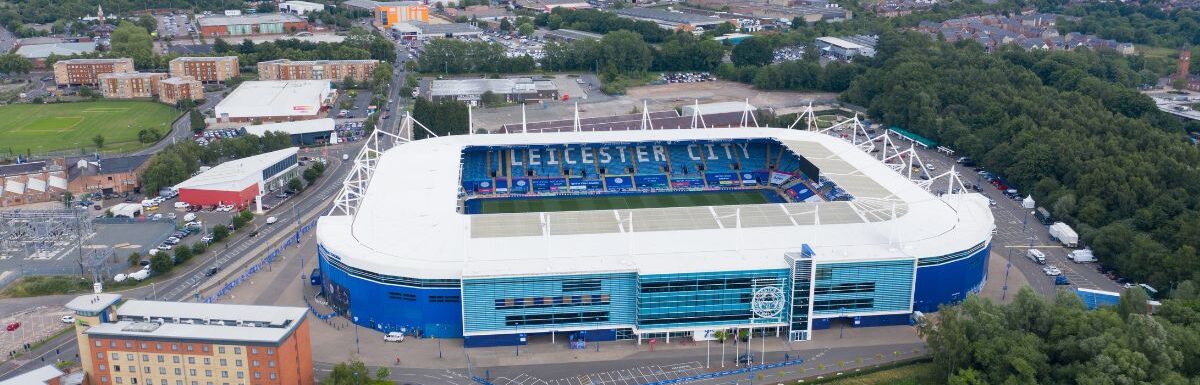 Aerial photo of the King Power Soccer Football Stadium located in the town of Leicester in the UK taken on a sunny summer day.