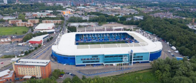 Aerial photo of the King Power Soccer Football Stadium located in the town of Leicester in the UK taken on a sunny summer day.