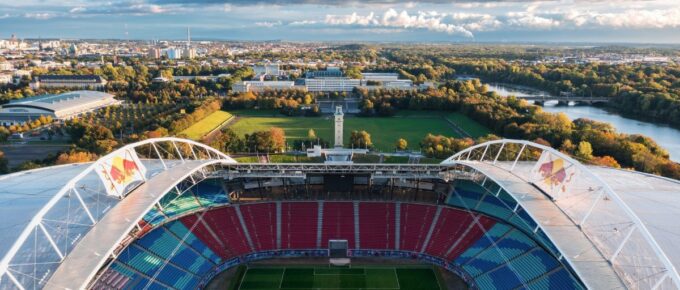 Aerial sunset view on the field of Red Bull Arena, home stadium of football club RB (Red Bull) Leipzig in Leipzig, Saxony, Germany.