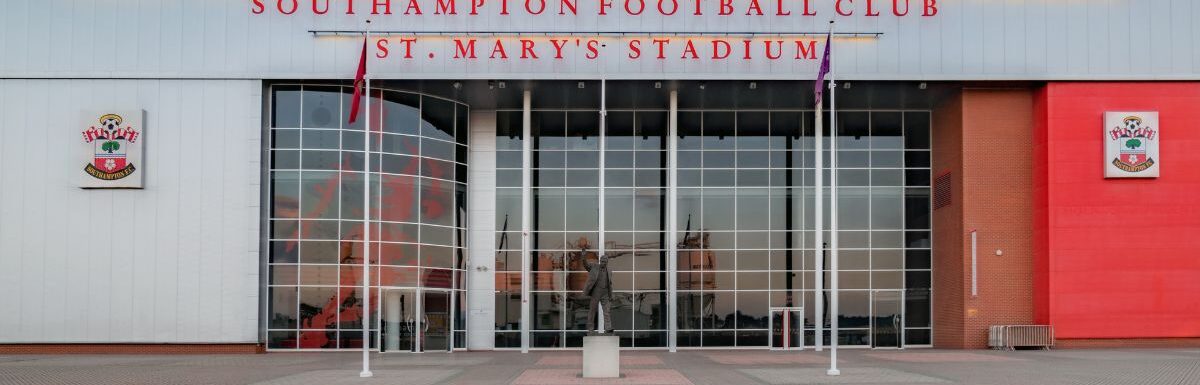 The exterior and main entrance of St Mary's Stadium, home of Southampton football club.