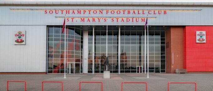 The exterior and main entrance of St Mary's Stadium, home of Southampton football club.